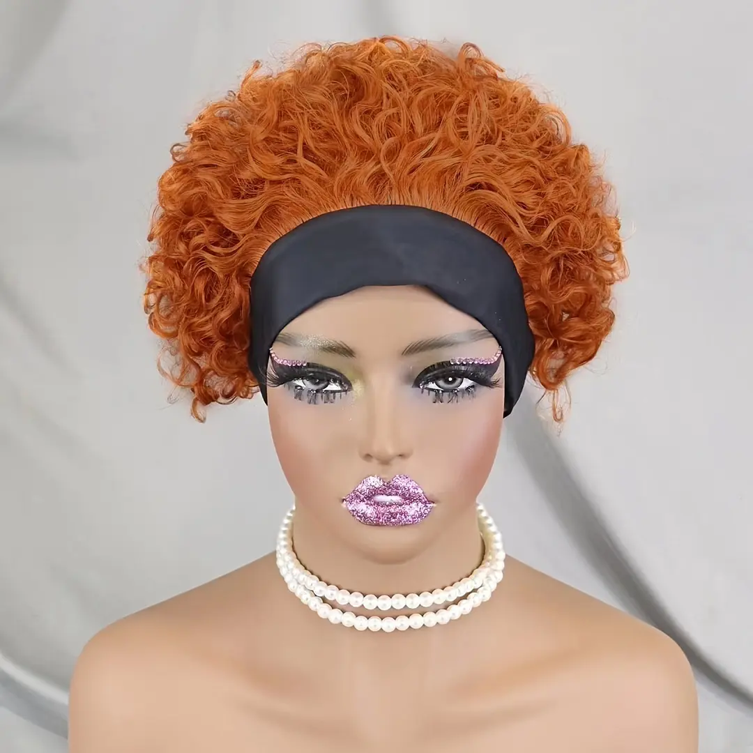 Headband Curly Pixie hair with Wig - short curly human hair, machine made 150% density, suitable for everyday and party