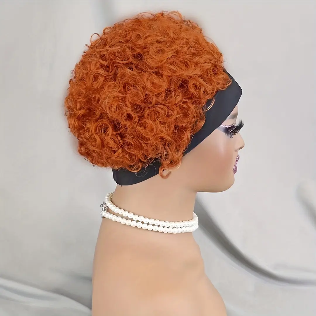 Headband Curly Pixie hair with Wig - short curly human hair, machine made 150% density, suitable for everyday and party