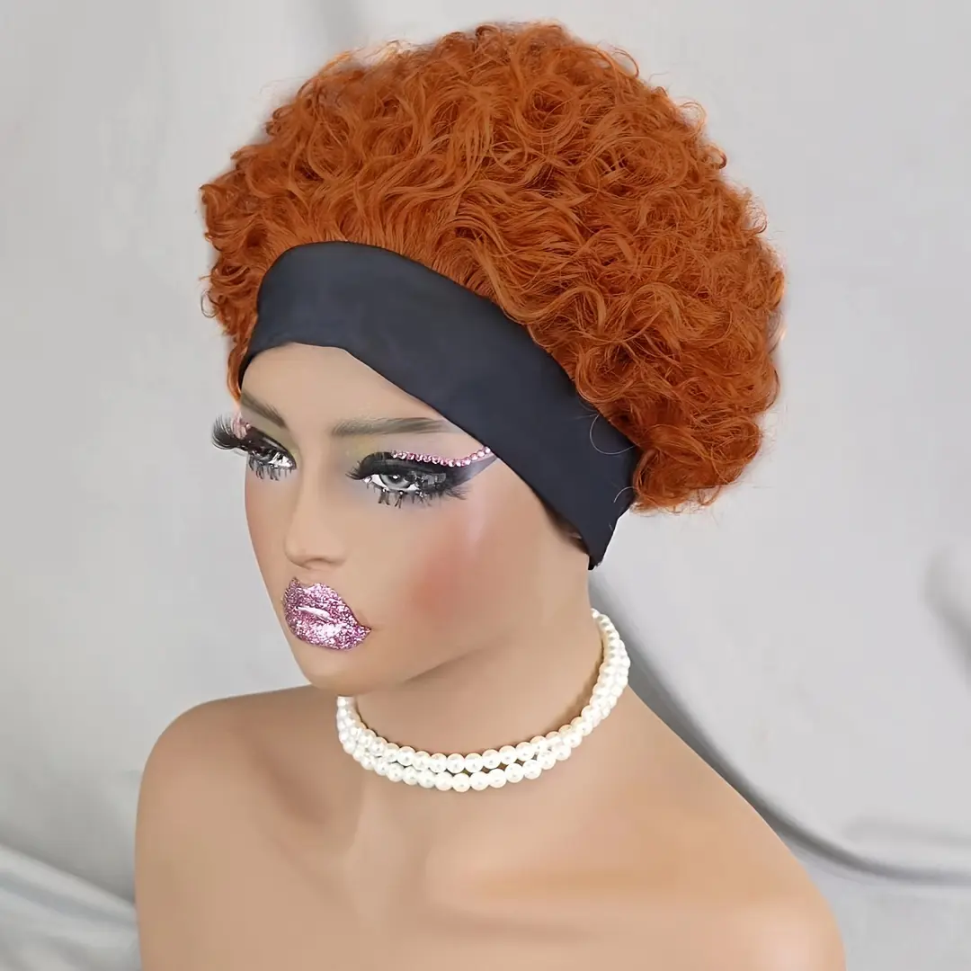 Headband Curly Pixie hair with Wig - short curly human hair, machine made 150% density, suitable for everyday and party