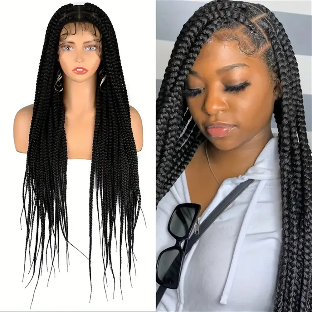 36inchSynthetic  Lace Frontal Braided Wig  Heat Resistant Knotless Large Box Braids Square Shape Hair Afro Style Full Lace Wig f