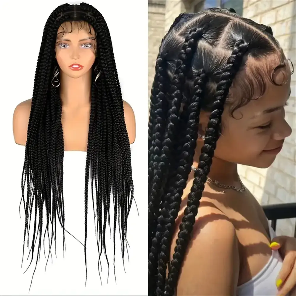 36inchSynthetic  Lace Frontal Braided Wig  Heat Resistant Knotless Large Box Braids Square Shape Hair Afro Style Full Lace Wig f