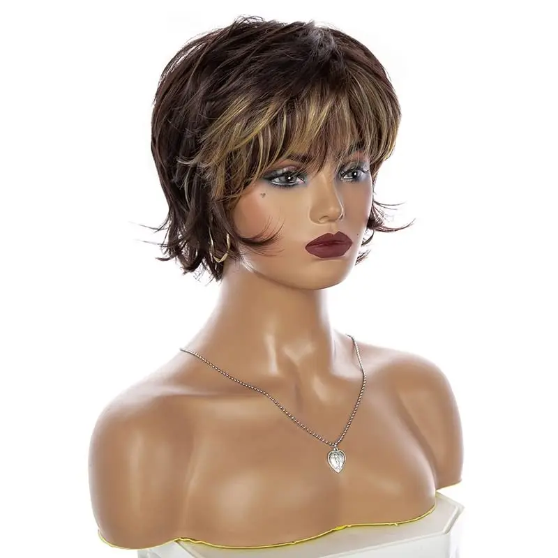 Synthetic Short Brown Mixed Blonde Wig Short Hair Wigs for White Women Dark Brown Wavy Pixie Cut Wig with Highlights Bangs