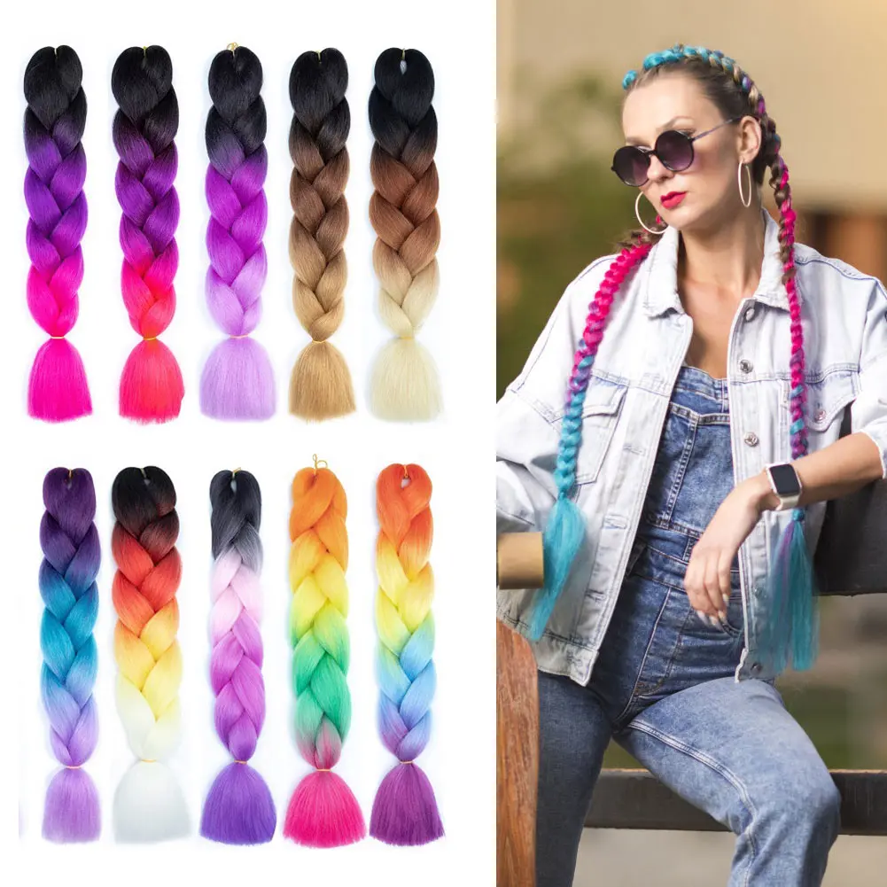 24Inch Synthetic Long Jumbo Ombre Braiding Hair for Women Colorful Braids 100g Rainbow Hair Gray Black Trend Way Crochet Hair