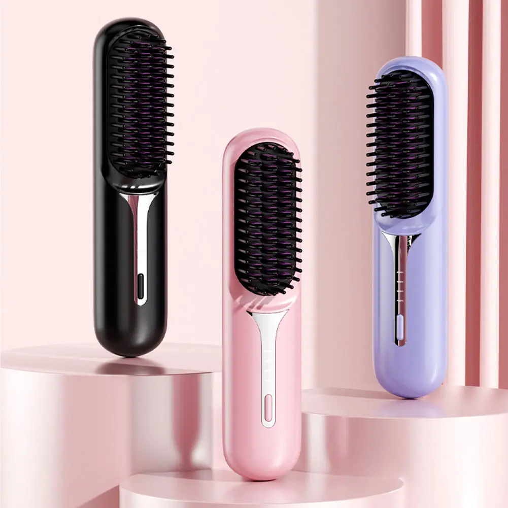 Adjustable Temperature Hair Brush Cordless Hair Straightener Brush with Fast Heating Negative Ions for Fluffy Curly for Electric