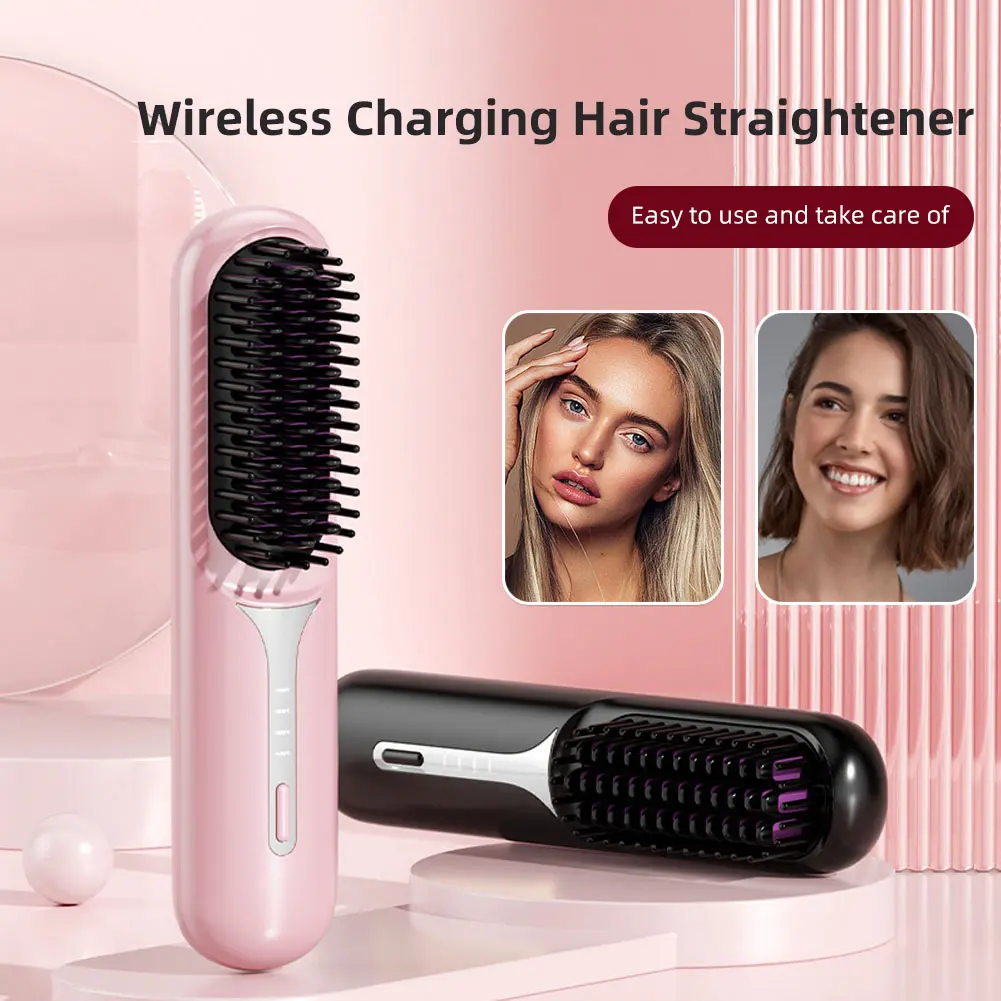 Adjustable Temperature Hair Brush Cordless Hair Straightener Brush with Fast Heating Negative Ions for Fluffy Curly for Electric