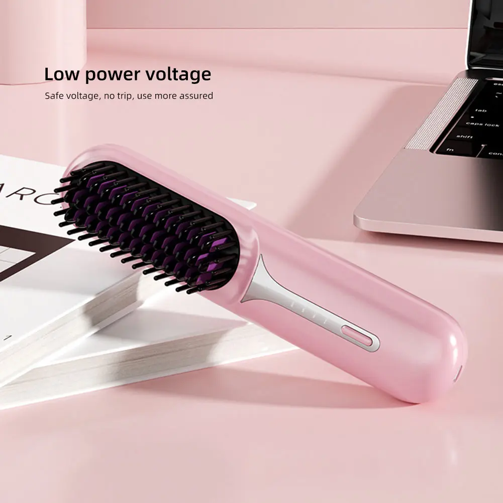Adjustable Temperature Hair Brush Cordless Hair Straightener Brush with Fast Heating Negative Ions for Fluffy Curly for Electric