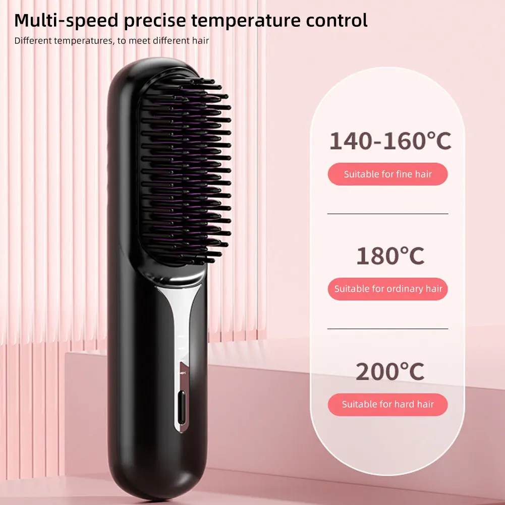 Adjustable Temperature Hair Brush Cordless Hair Straightener Brush with Fast Heating Negative Ions for Fluffy Curly for Electric