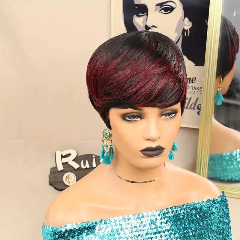 Short Pixie Cut Wig Human Hair For Women Human Hair Blonde black HighLight With Bangs Machine Made