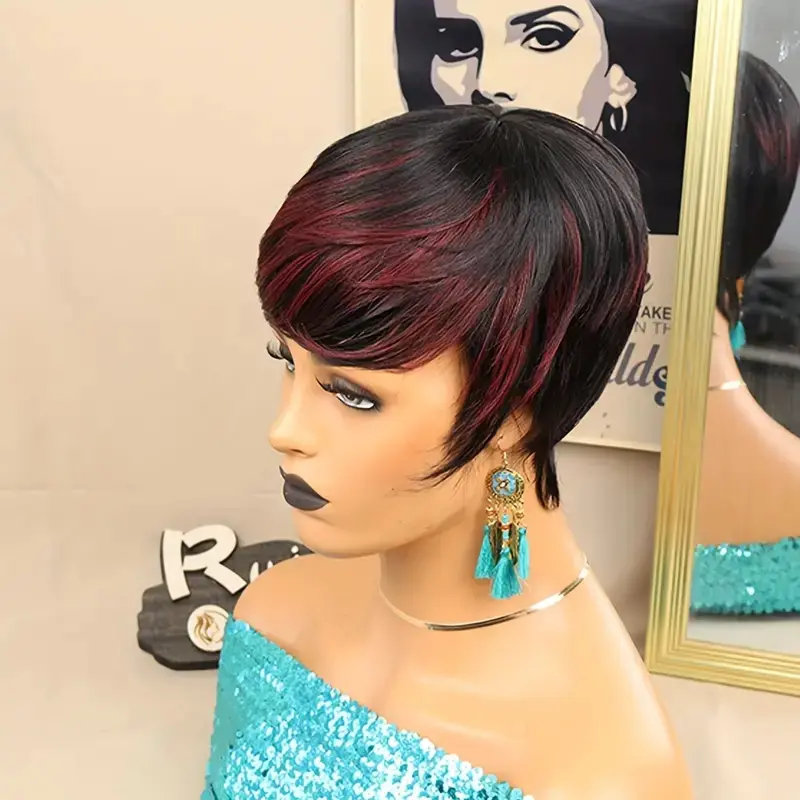 Short Pixie Cut Wig Human Hair For Women Human Hair Blonde black HighLight With Bangs Machine Made