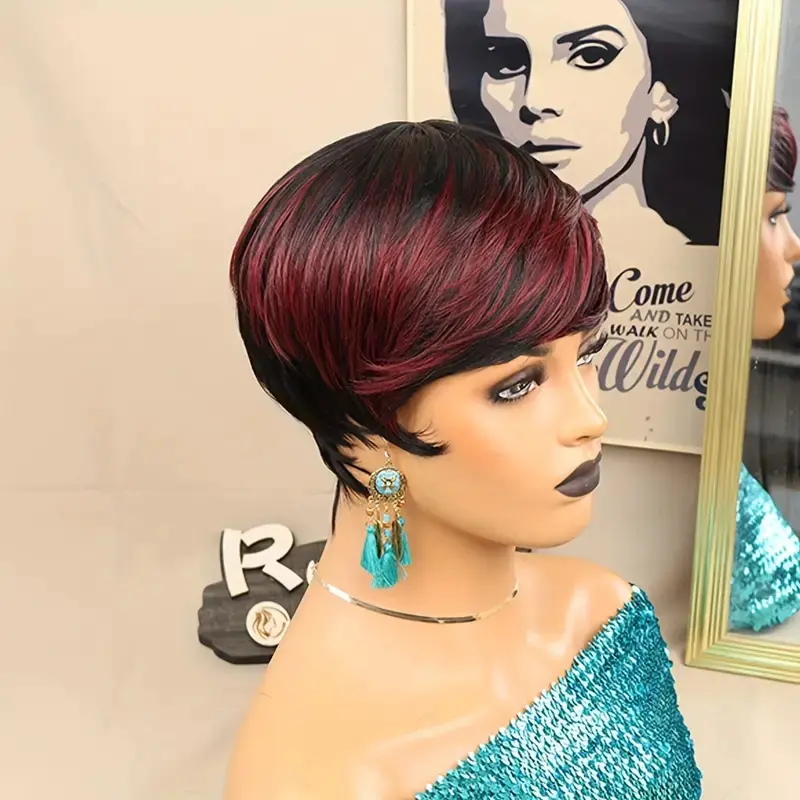 Short Pixie Cut Wig Human Hair For Women Human Hair Blonde black HighLight With Bangs Machine Made