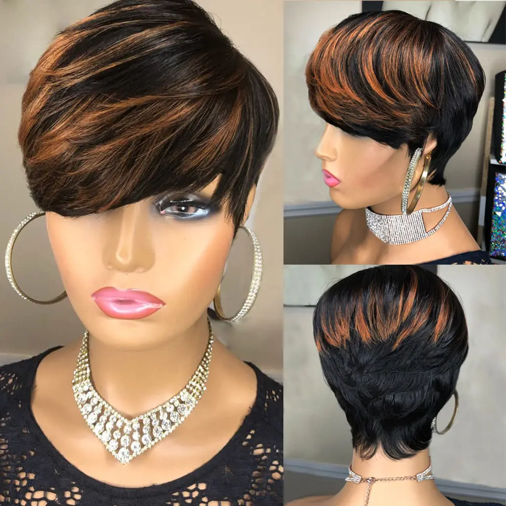 Short Pixie Cut Wig Human Hair For Women Human Hair Blonde black HighLight With Bangs Machine Made
