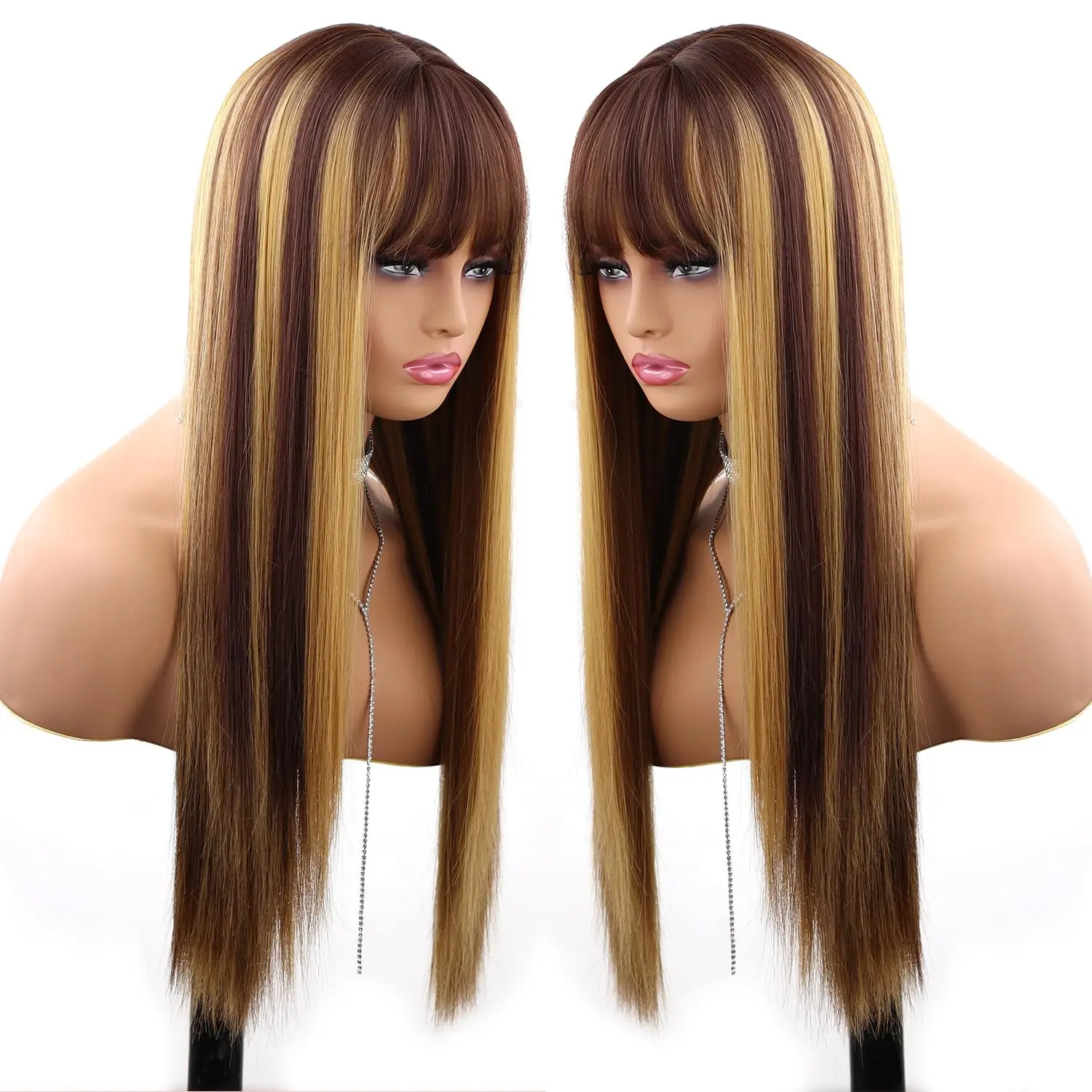 Blonde Highlight Wigs for Women Full Machine Wig with Bangs 100% Human Hair  Wig for Daily Party Use Machine Made