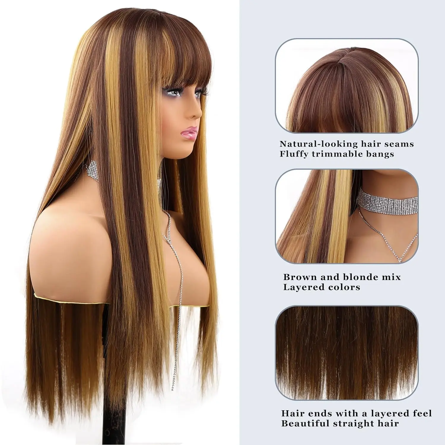 Blonde Highlight Wigs for Women Full Machine Wig with Bangs 100% Human Hair  Wig for Daily Party Use Machine Made