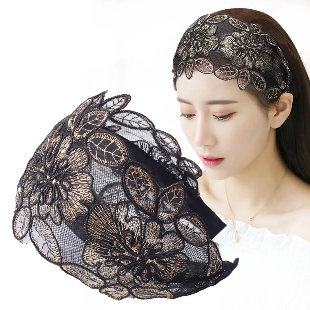 1Pc New Flower Wide-brimmedLace Headband Headdress Anti-deformed Decorative Headwear Hollow Floral Head Wrap Make Up Accessories