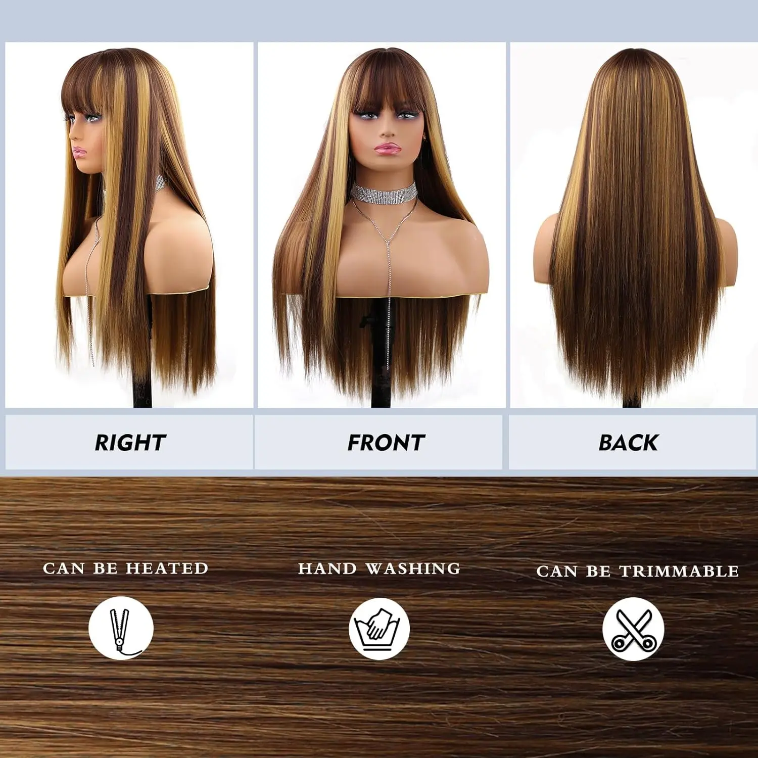 Blonde Highlight Wigs for Women Full Machine Wig with Bangs 100% Human Hair  Wig for Daily Party Use Machine Made