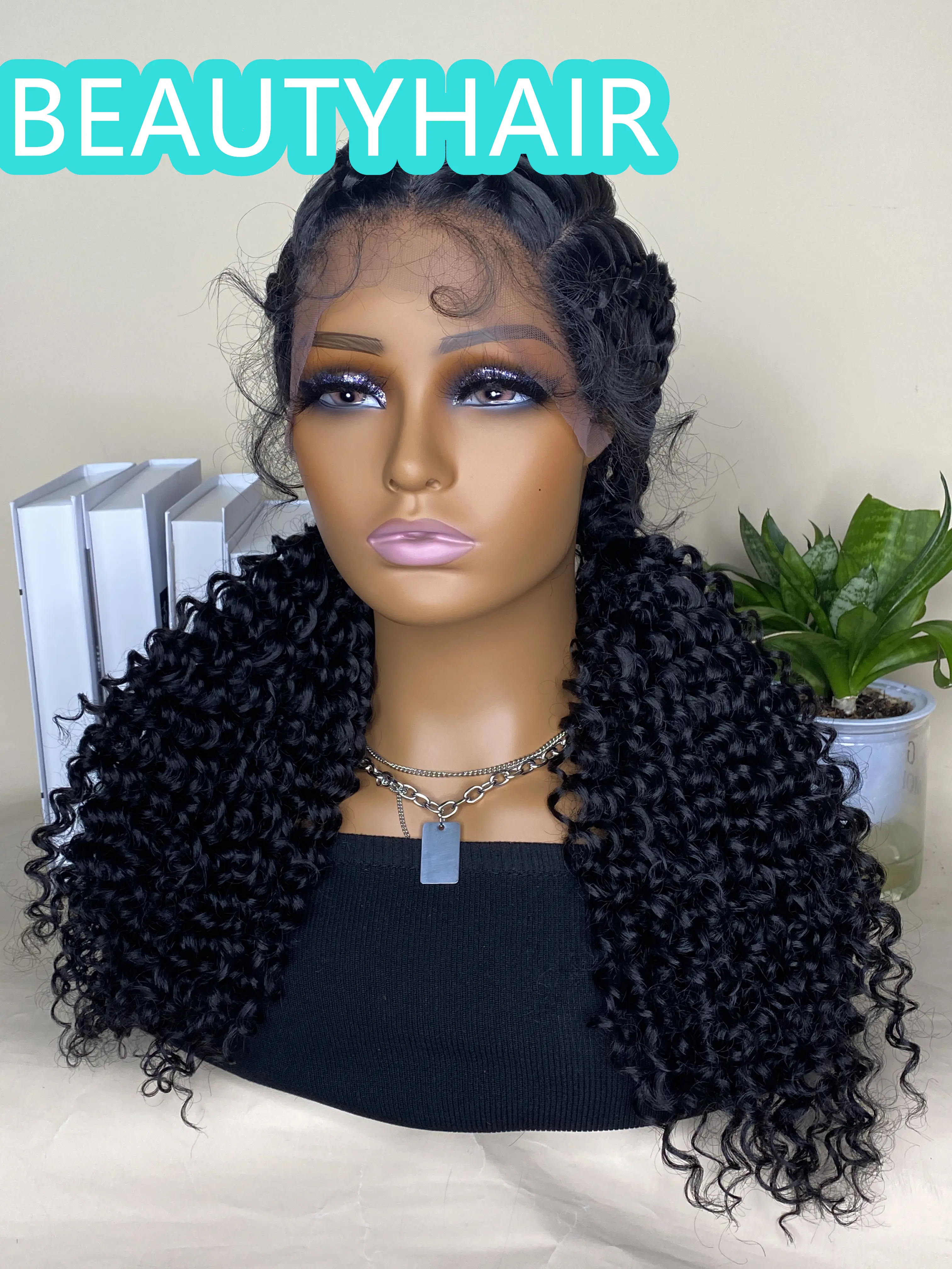 Lace Wigs Synthetic Hand Braided Swiss Dutch Twins Braided Wigs Natural Black 24 inch Braided Wig With Baby Hair For Black Women