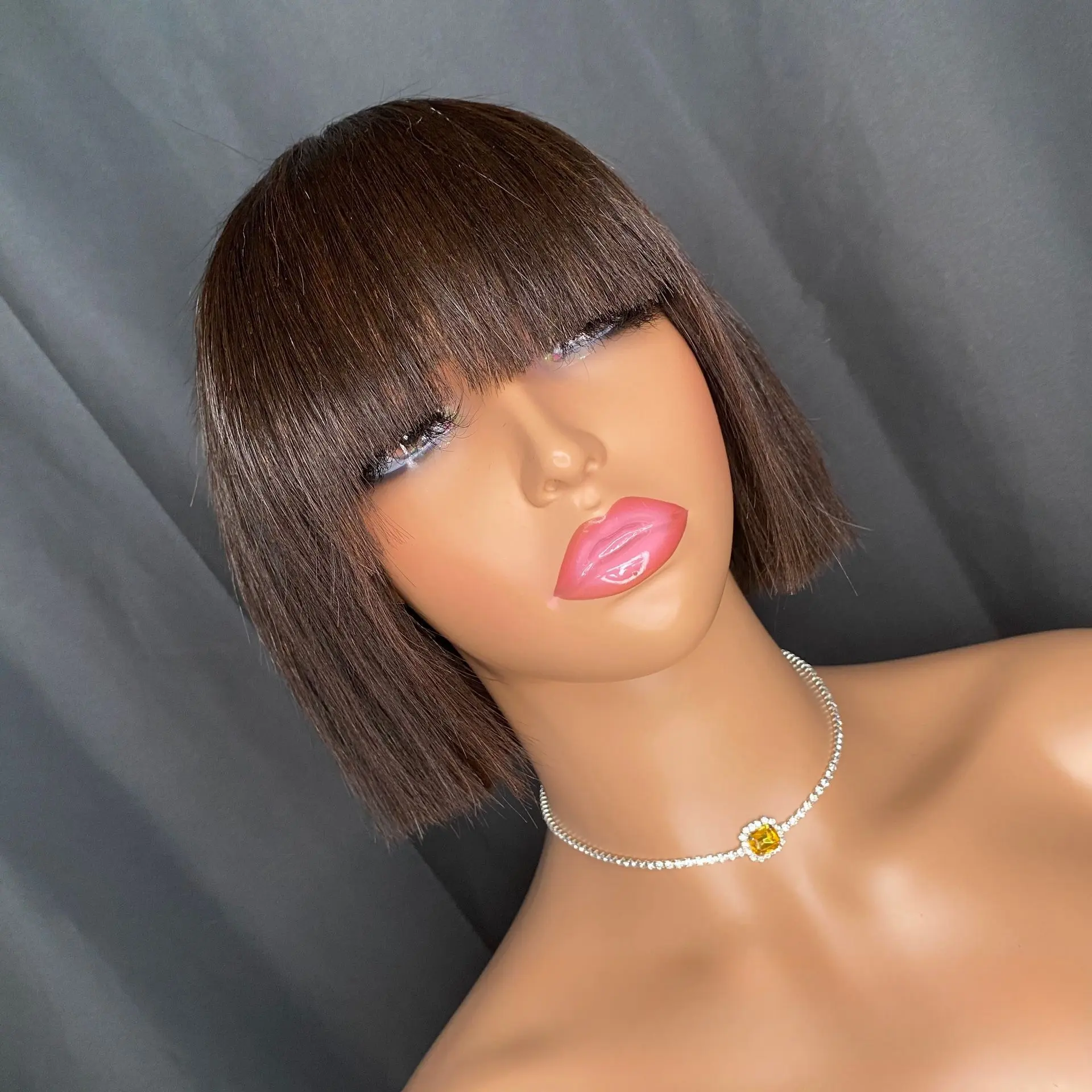 6inch 100% Human Hair Short Straight Bob Wig With Bangs For Women Brazilian  Full Machine Made Fringe Hair Bob