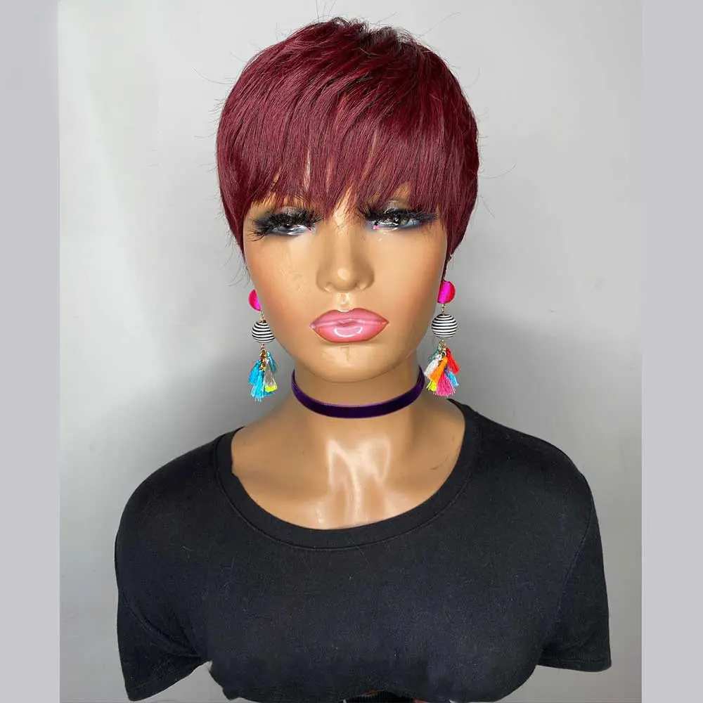 Pixie Cut Wig Human Hair 99j Colored Brazilian Remy Full Machine Made Short Cut Human Hair Wigs for Women Bangs Wig Burgundy