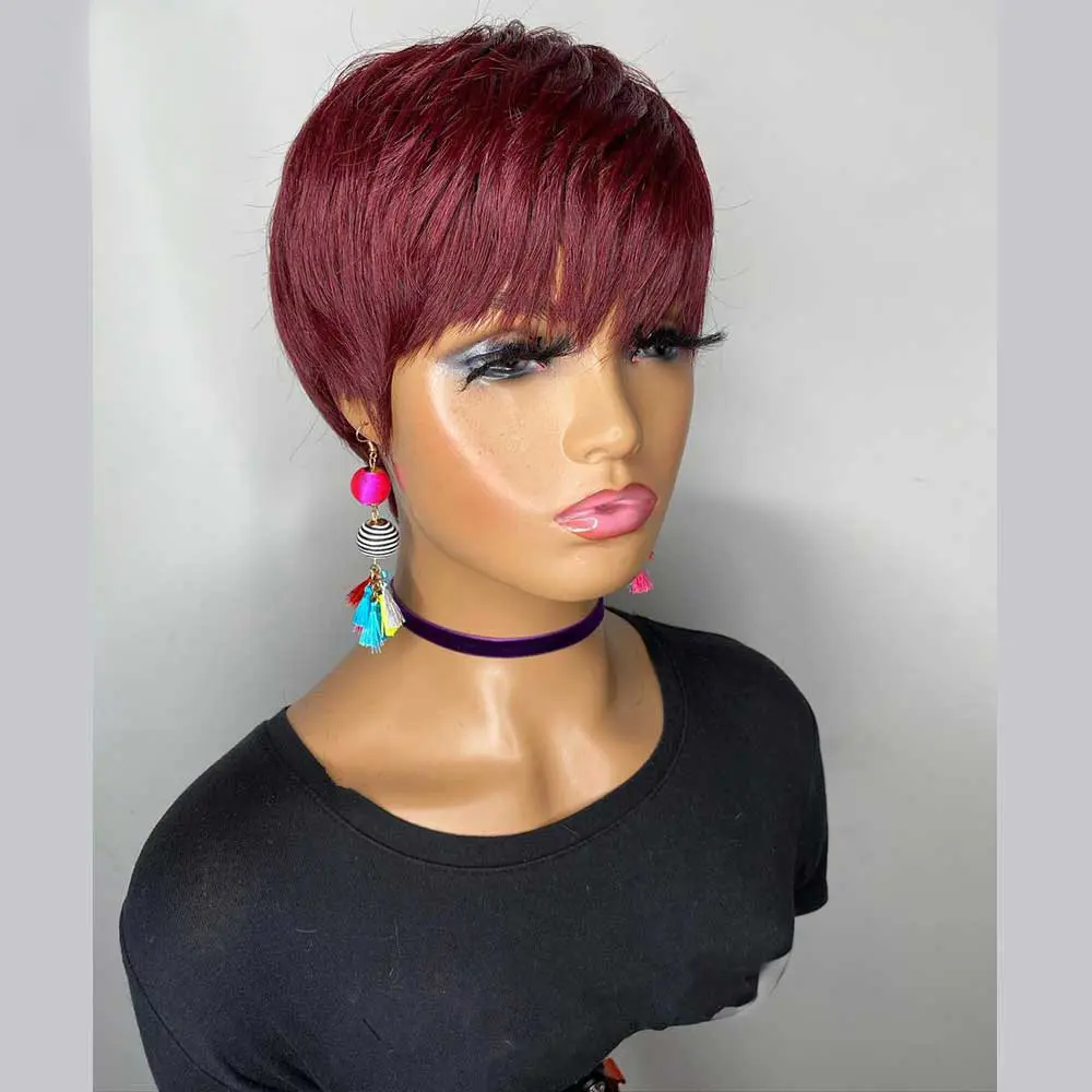 Pixie Cut Wig Human Hair 99j Colored Brazilian Remy Full Machine Made Short Cut Human Hair Wigs for Women Bangs Wig Burgundy