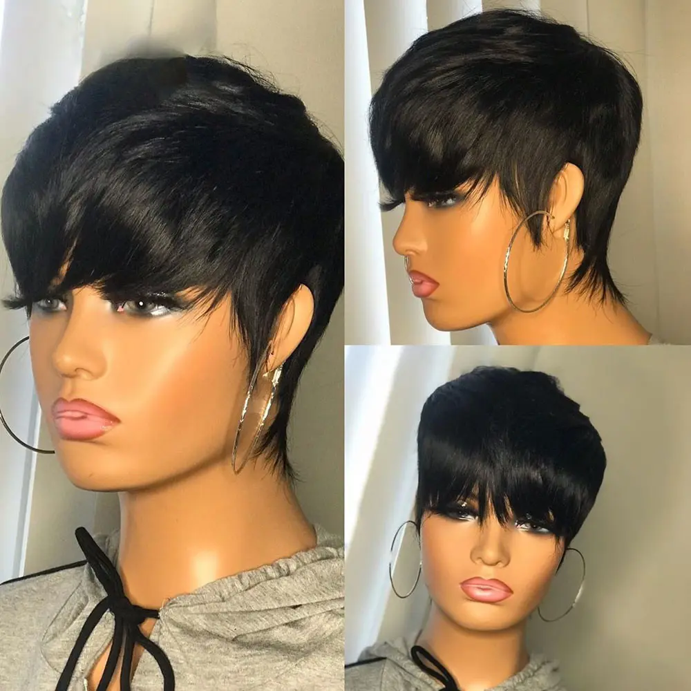 Pixie Cut Wig Human Hair 99j Colored Brazilian Remy Full Machine Made Short Cut Human Hair Wigs for Women Bangs Wig Burgundy