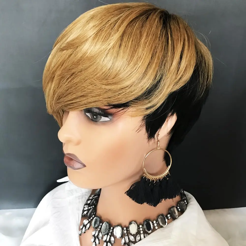 Short Pixie Cut Wigs for Black Women Human Hair Wig  Full Machine Made Wig with Bangs for Daily Wear