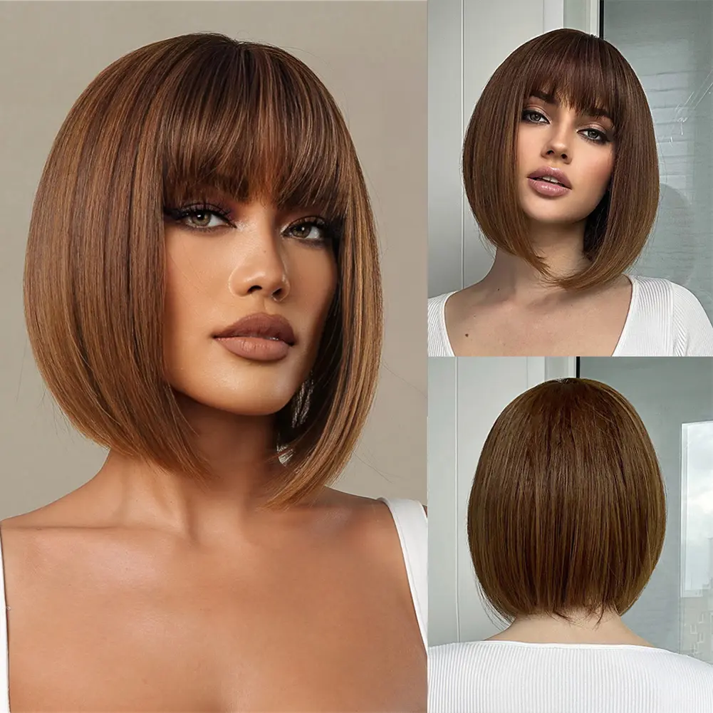 Light Brown Synthetic Wigs Straight Short Bob Cut with Bangs Wig for White Women Korean Daily Party Cosplay Heat Resistant Hair