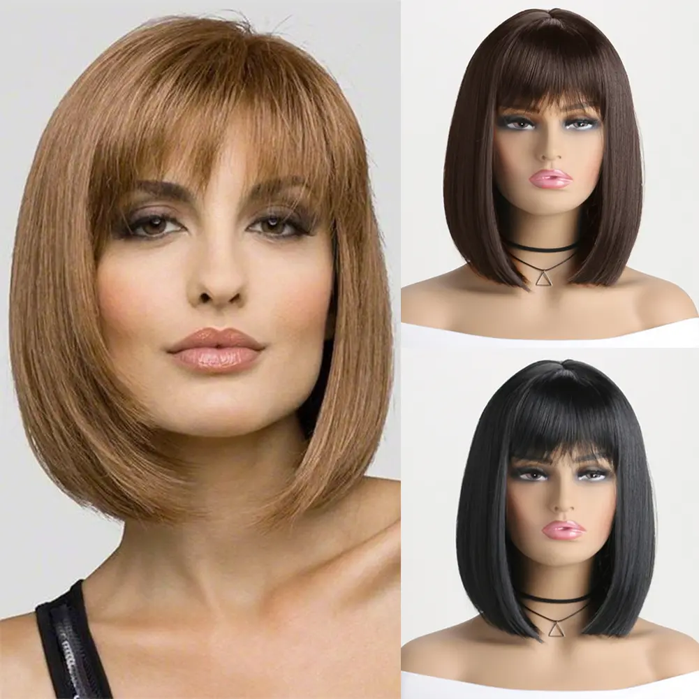 Light Brown Synthetic Wigs Straight Short Bob Cut with Bangs Wig for White Women Korean Daily Party Cosplay Heat Resistant Hair