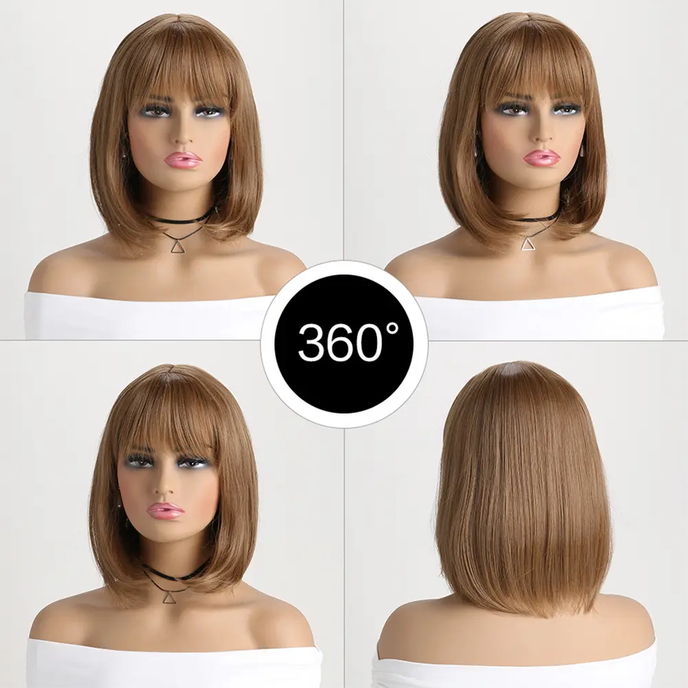 Light Brown Synthetic Wigs Straight Short Bob Cut with Bangs Wig for White Women Korean Daily Party Cosplay Heat Resistant Hair