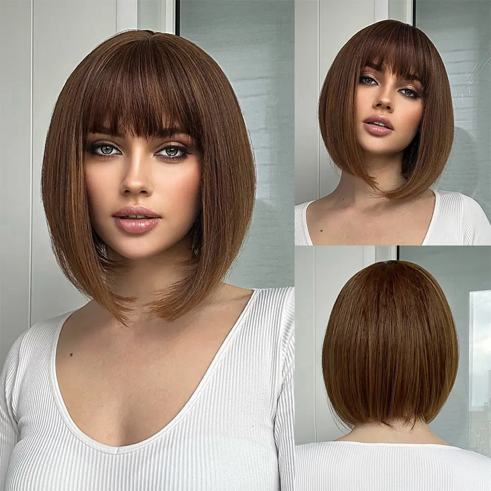 Light Brown Synthetic Wigs Straight Short Bob Cut with Bangs Wig for White Women Korean Daily Party Cosplay Heat Resistant Hair