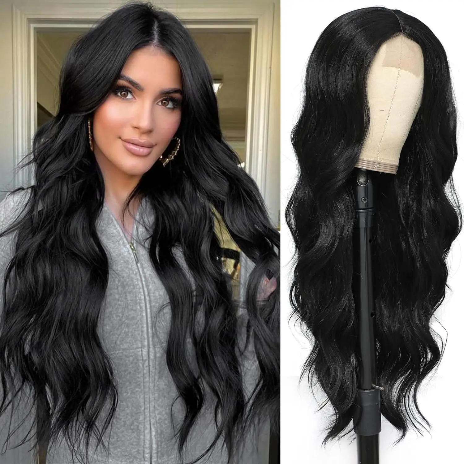 Body Wave Lace Front Wig Synthetic Wavy Wigs for Black Women Long Wavy Black Wig Synthetic Hair Wigs Natural Color 24 inch