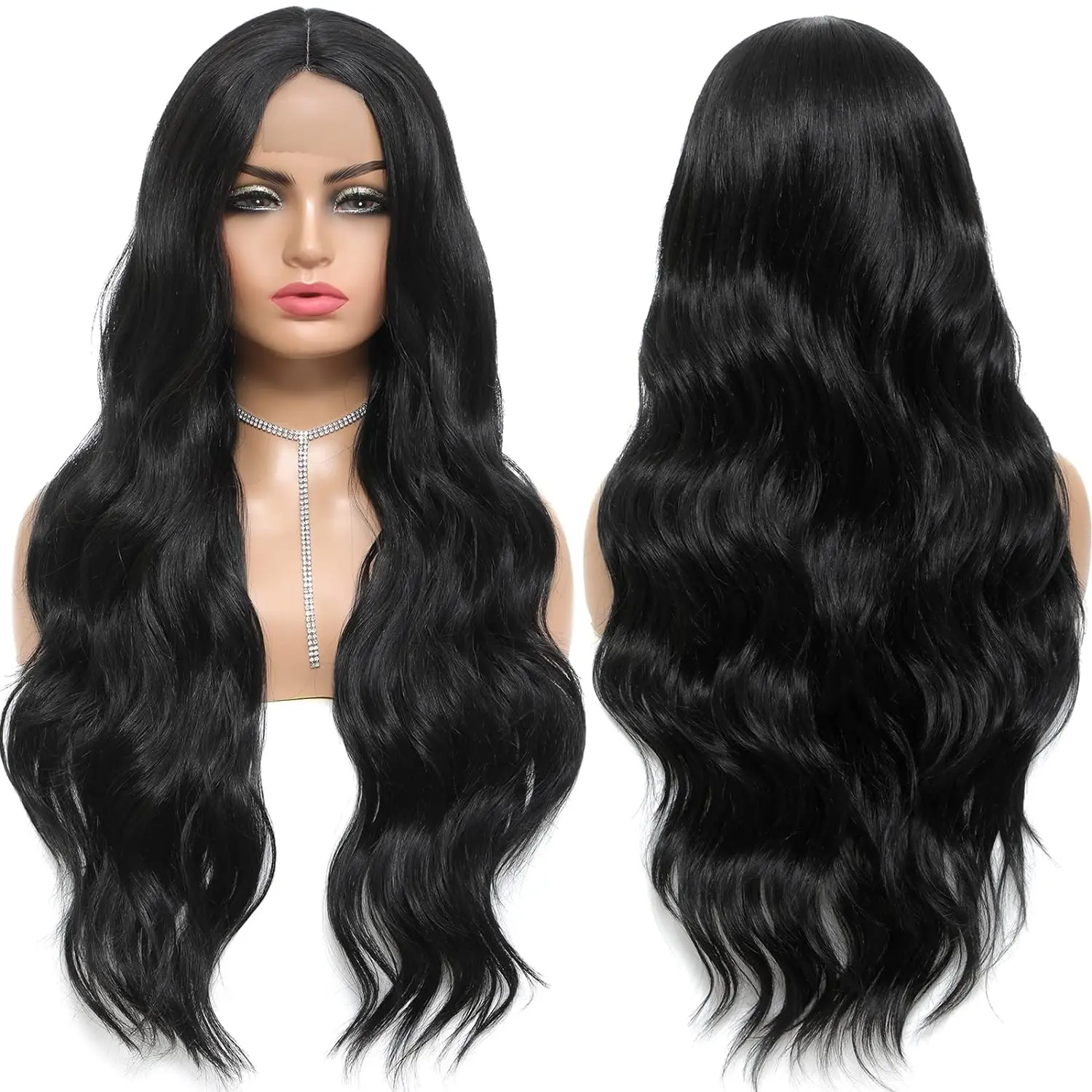 Body Wave Lace Front Wig Synthetic Wavy Wigs for Black Women Long Wavy Black Wig Synthetic Hair Wigs Natural Color 24 inch