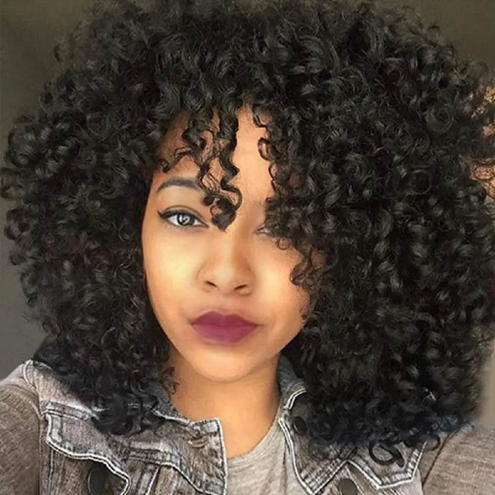 Short Synthetic Afro Curly Wigs With Bangs For Black Women Black Natural Heat Resistant Hair Wigs