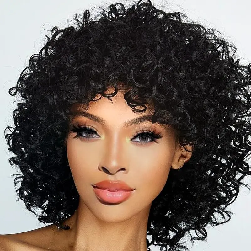 Short Synthetic Afro Curly Wigs With Bangs For Black Women Black Natural Heat Resistant Hair Wigs