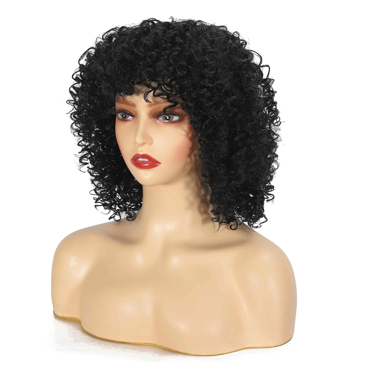 Short Synthetic Afro Curly Wigs With Bangs For Black Women Black Natural Heat Resistant Hair Wigs