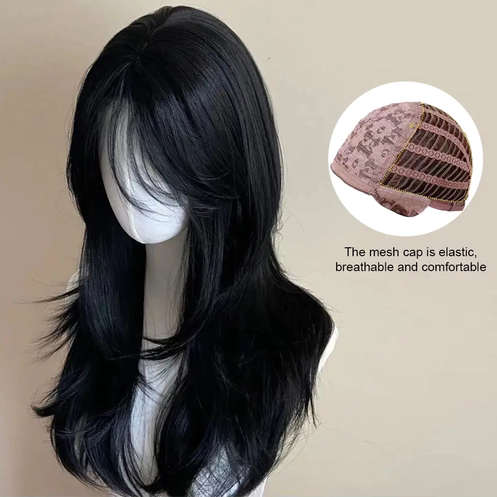 1Pc Ashely Dark Black Wig Female 23.6inch Long Hair Eight Bangs Layered Natural Straight Hair Cosplay Synthetic Headband Wigs