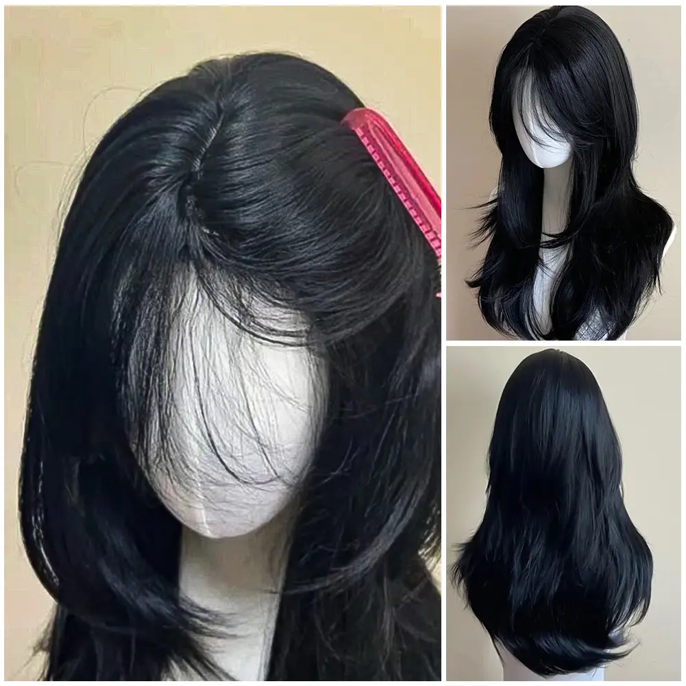 1Pc Ashely Dark Black Wig Female 23.6inch Long Hair Eight Bangs Layered Natural Straight Hair Cosplay Synthetic Headband Wigs