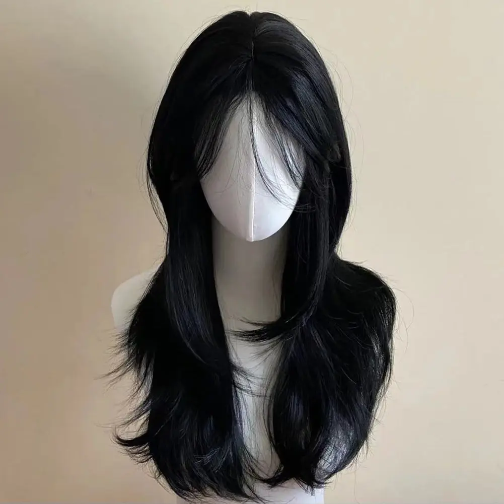 1Pc Ashely Dark Black Wig Female 23.6inch Long Hair Eight Bangs Layered Natural Straight Hair Cosplay Synthetic Headband Wigs