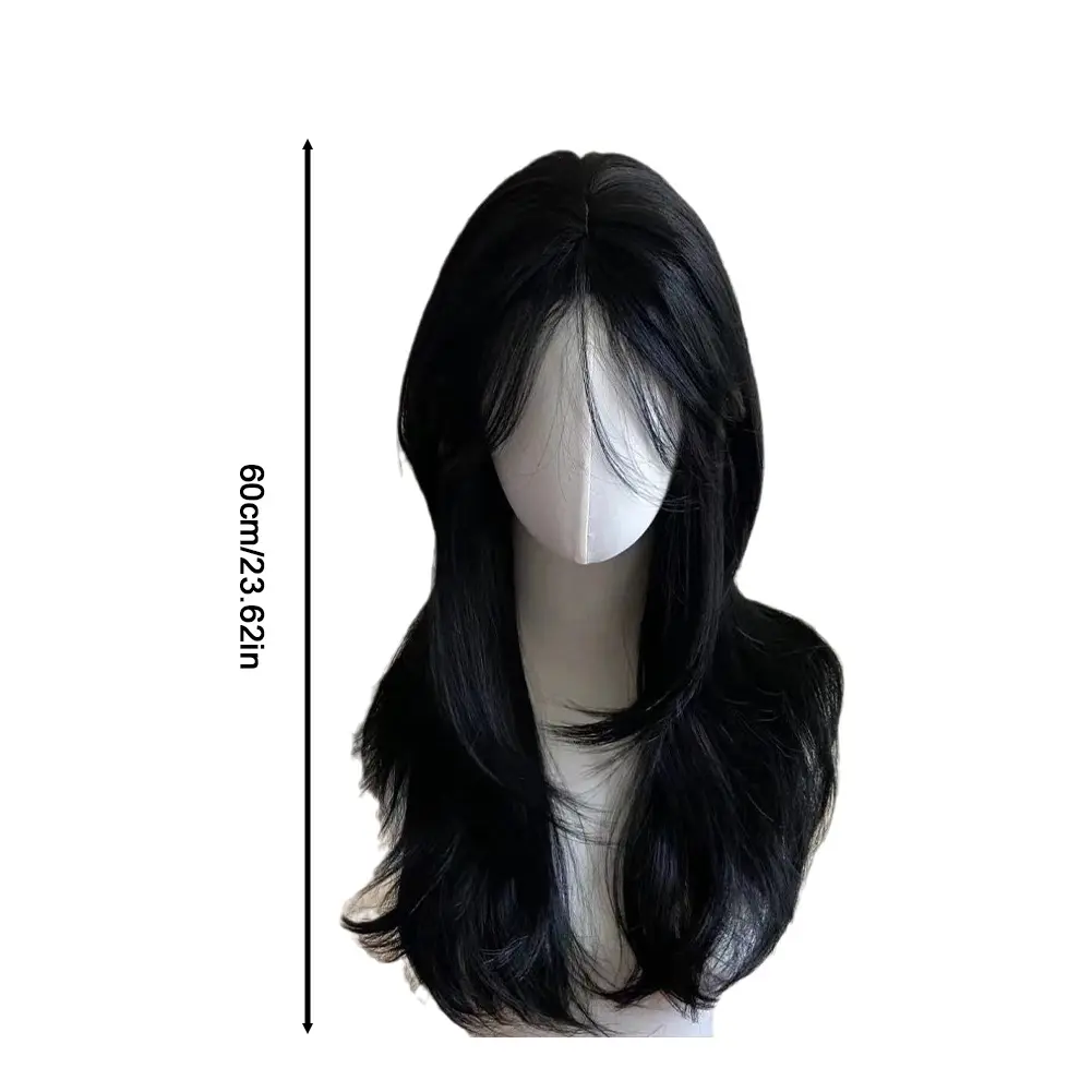 1Pc Ashely Dark Black Wig Female 23.6inch Long Hair Eight Bangs Layered Natural Straight Hair Cosplay Synthetic Headband Wigs