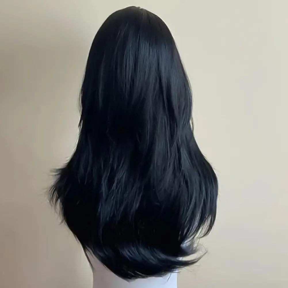 1Pc Ashely Dark Black Wig Female 23.6inch Long Hair Eight Bangs Layered Natural Straight Hair Cosplay Synthetic Headband Wigs