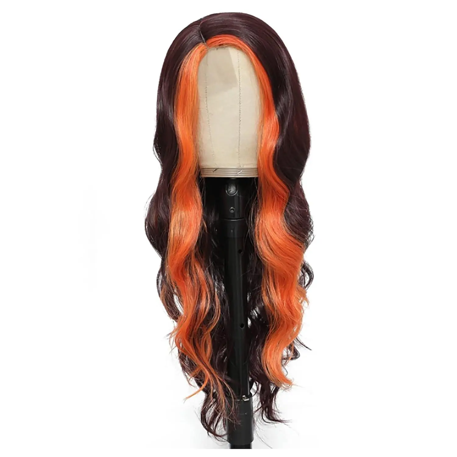 Long Curly Black Synthetic Wig Mixed Orange Wig Highlights Wig Hairline Hair Replacement Wigs for Women