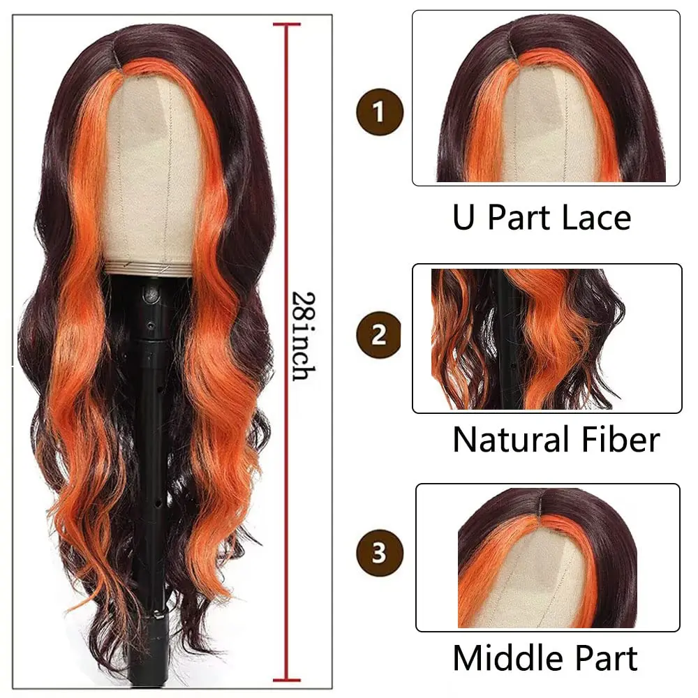 Long Curly Black Synthetic Wig Mixed Orange Wig Highlights Wig Hairline Hair Replacement Wigs for Women