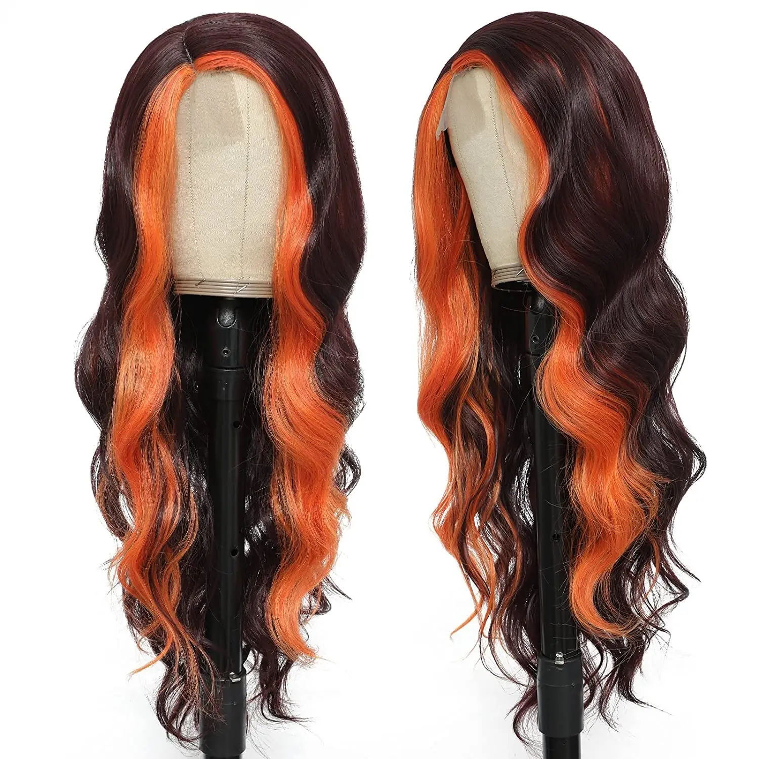 Long Curly Black Synthetic Wig Mixed Orange Wig Highlights Wig Hairline Hair Replacement Wigs for Women