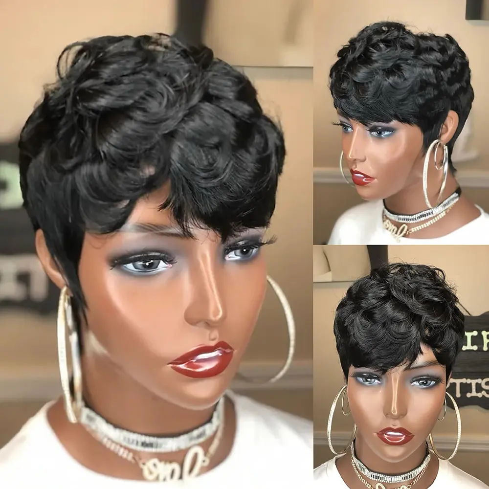 Pixie Cut Human Hair Wigs Short Wavy Wig Colored Wig For Women Full Machine Made Wigs