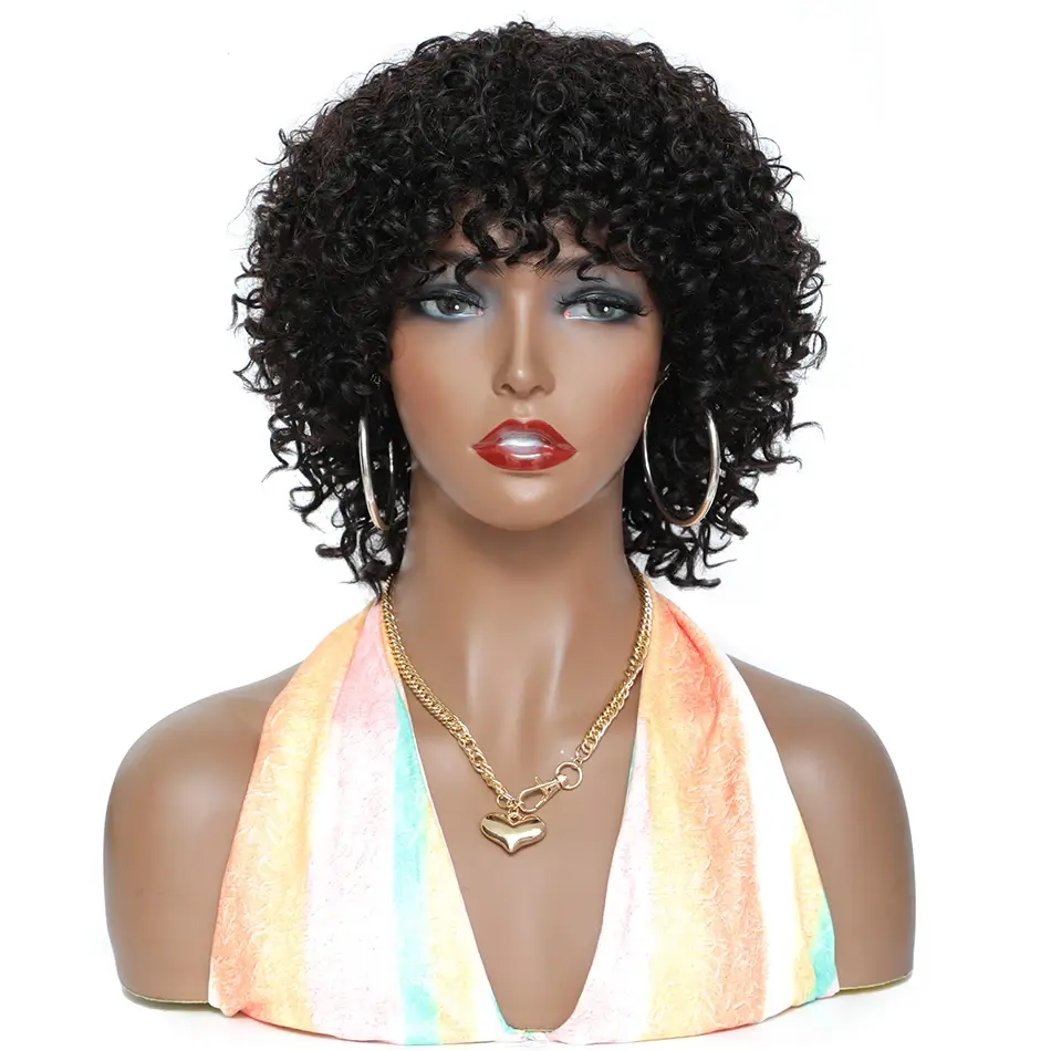 Pixie Cut Bob Wig Curly Human Hair Wigs For Black Women Afro Kinky Curly Bob Wig With Bangs Full Machine Made