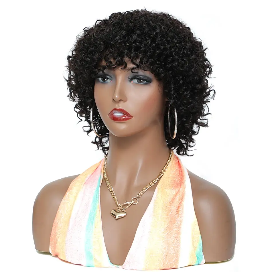 Pixie Cut Bob Wig Curly Human Hair Wigs For Black Women Afro Kinky Curly Bob Wig With Bangs Full Machine Made