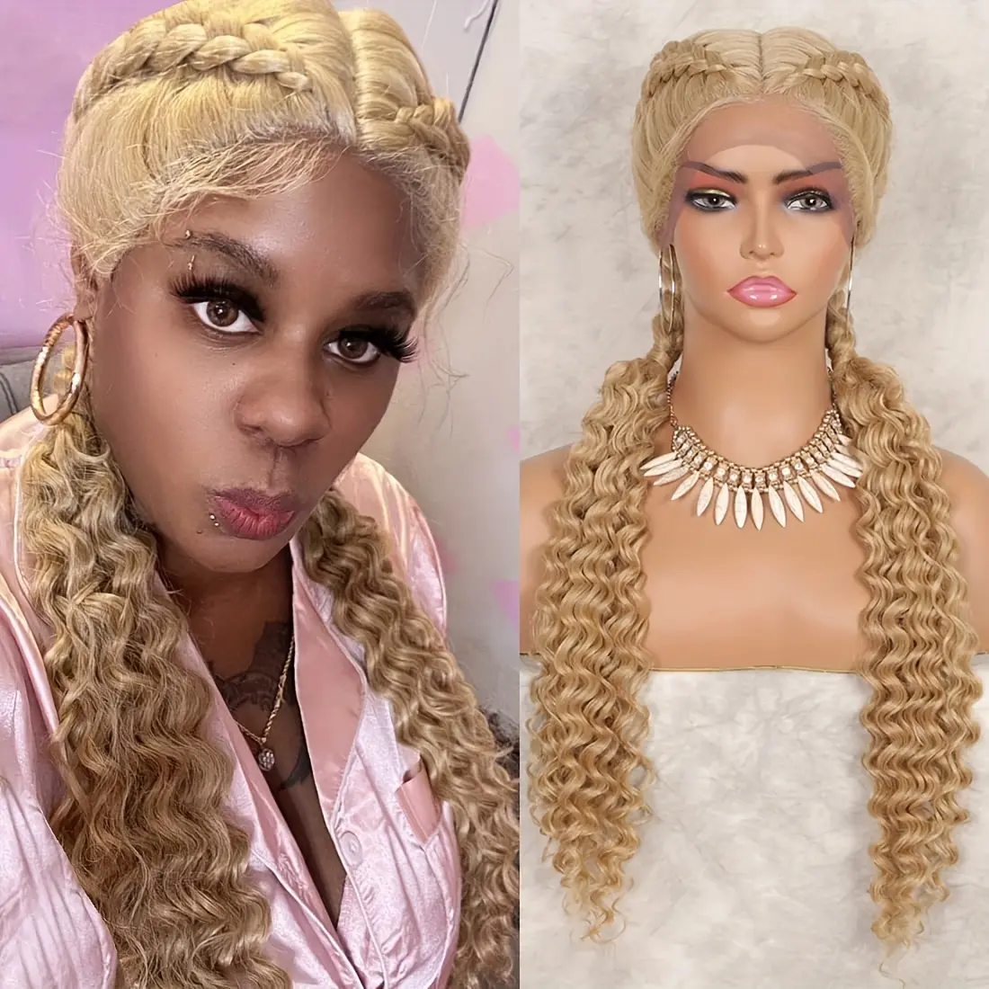 Synthetic Lace Box Braided Wig 24 inch Box Braided Wig Curls Handcrafted Dutch Braids Wig