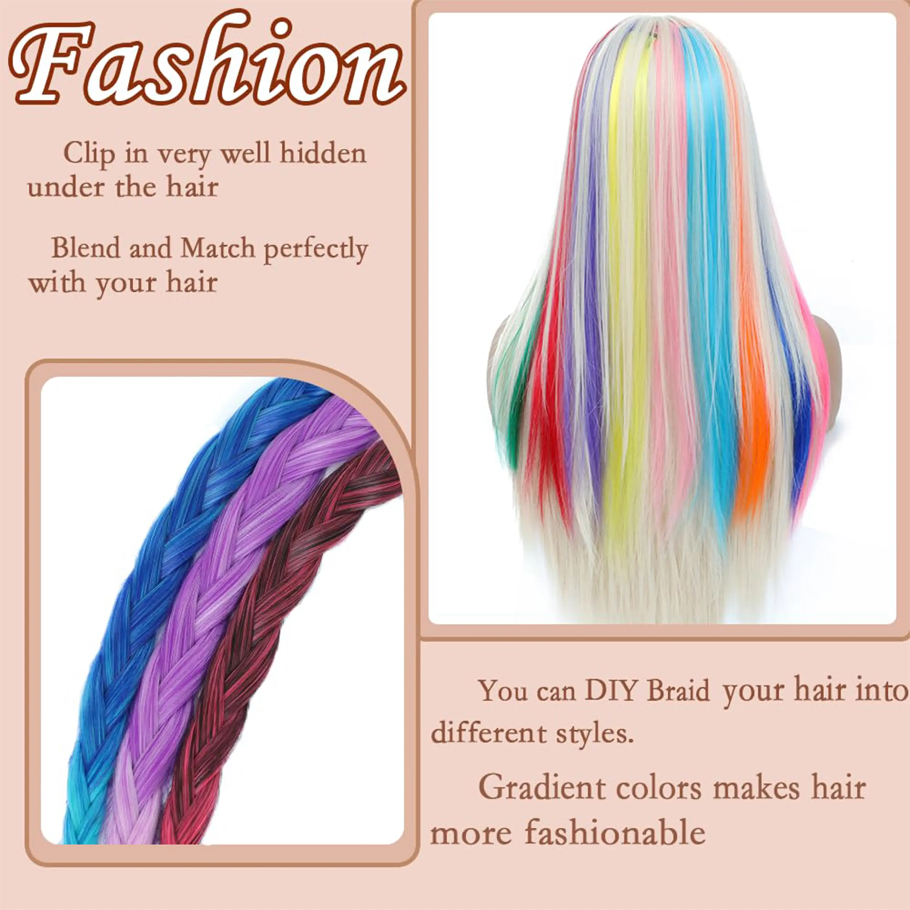 Wigundle Colored Party Highlights Clip in Hair Extensions for Girls 22 Inches Omber Colors Straight Hair Synthetic Hairpieces