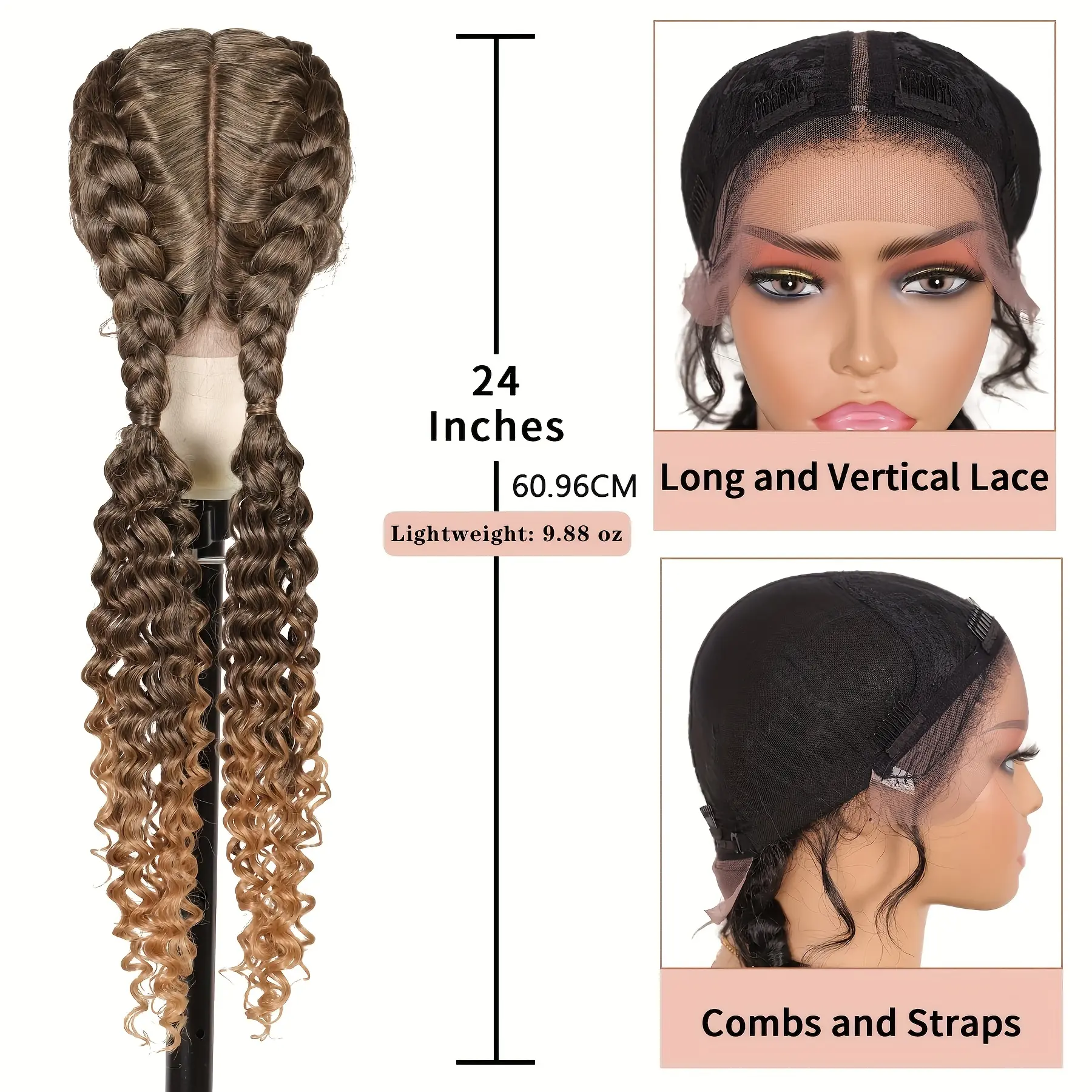 Synthetic Lace Box Braided Wig 24 inch Box Braided Wig Curls Handcrafted Dutch Braids Wig