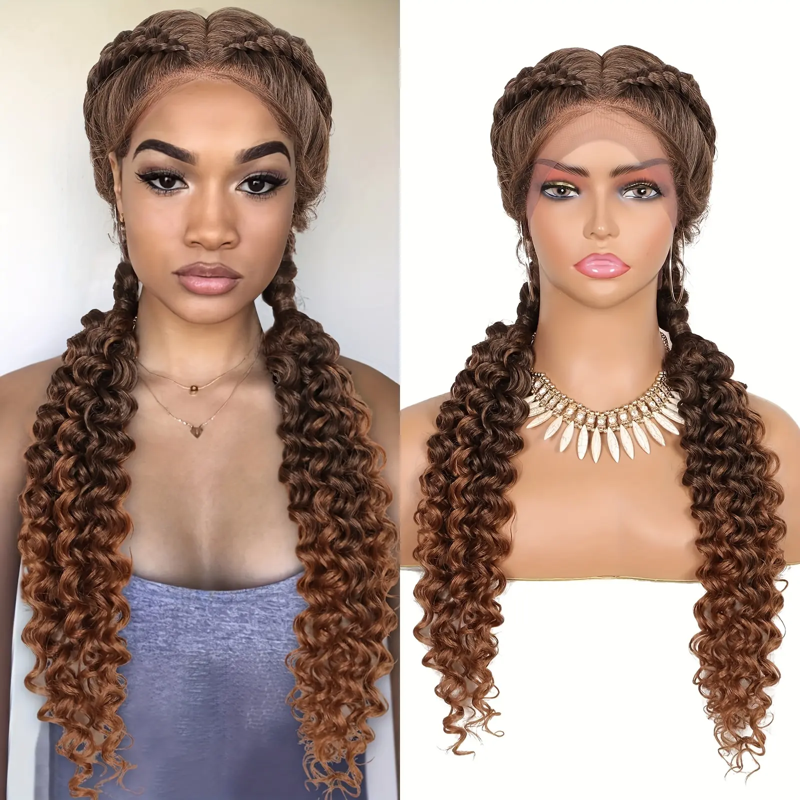 Synthetic Lace Box Braided Wig 24 inch Box Braided Wig Curls Handcrafted Dutch Braids Wig