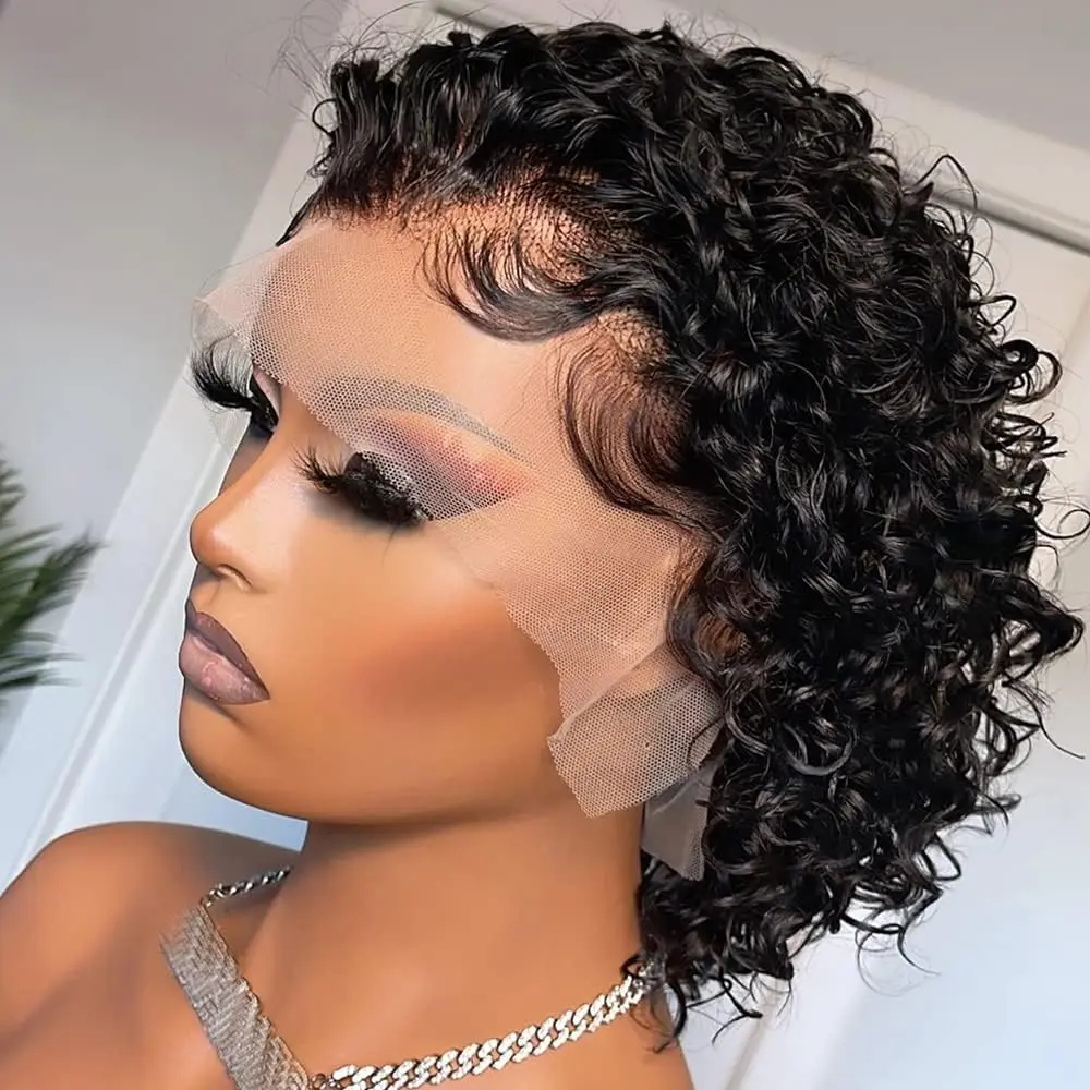 Brazilian Hair Deep Wave 13x4 Invisible Lace Frontal Wig Short Curly Human Hair Wig Bob Pixie Cut Glueless Side Deep Parting Lac